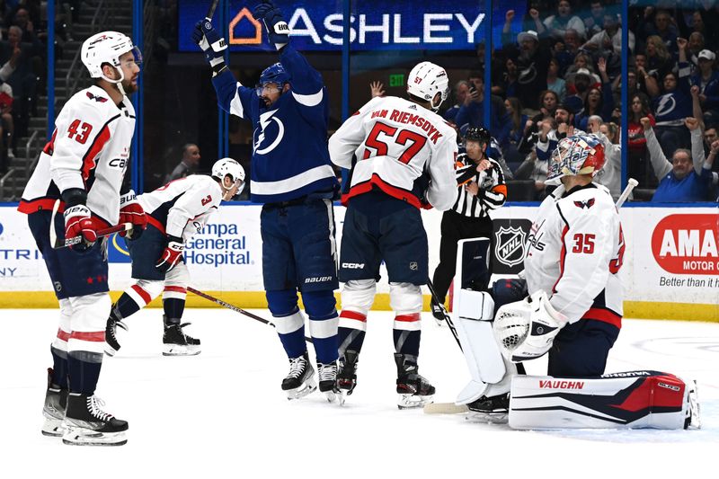 Mar 30, 2023; Tampa, Florida, USA; Tampa Bay Lightning left wing Alex Killorn (17) celebrates a goal in the first period against the Washington Capitals   at Amalie Arena. Mandatory Credit: Jonathan Dyer-USA TODAY Sports