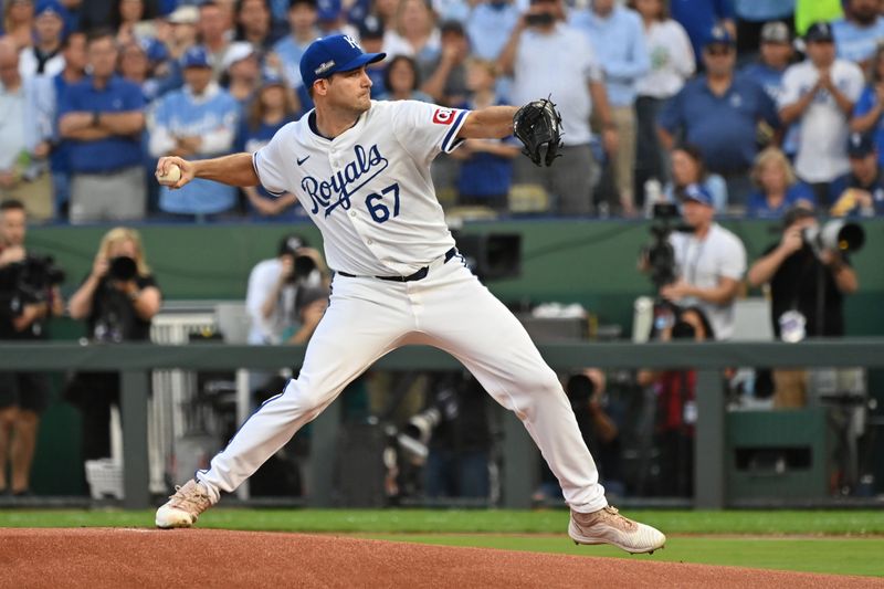Oct 9, 2024; Kansas City, Missouri, USA; Kansas City Royals starting pitcher Seth Lugo (67) pitches in the first inning  against the New York Yankees during game three of the NLDS for the 2024 MLB Playoffs at Kauffman Stadium. Mandatory Credit: Peter Aiken-Imagn Images