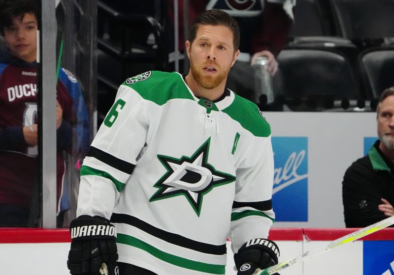 Apr 7, 2024; Denver, Colorado, USA; Dallas Stars center Joe Pavelski (16) warms up before the game against the Colorado Avalanche at Ball Arena. Mandatory Credit: Ron Chenoy-USA TODAY Sports