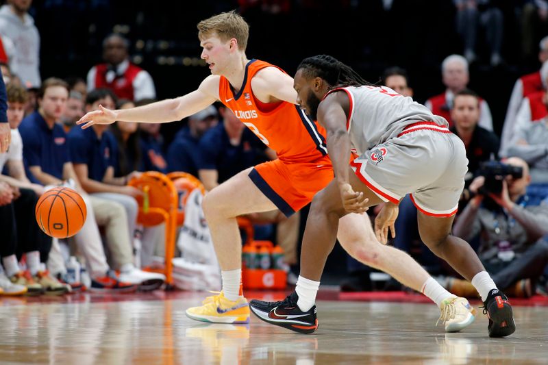 Jan 30, 2024; Columbus, Ohio, USA; Illinois Fighting Illini forward Marcus Domask (3) gets the loose ball as Ohio State Buckeyes guard Bruce Thornton (2) defends during the second half at Value City Arena. Mandatory Credit: Joseph Maiorana-USA TODAY Sports