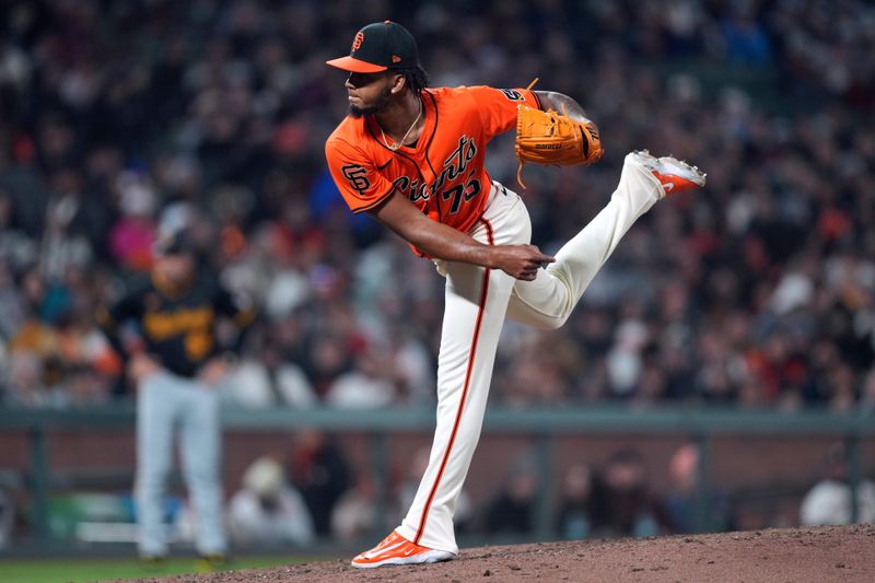 Apr 26, 2024; San Francisco, California, USA; San Francisco Giants pitcher Camilo Doval (75) throws a pitch against the Pittsburgh Pirates during the ninth inning at Oracle Park. Mandatory Credit: Darren Yamashita-USA TODAY Sports