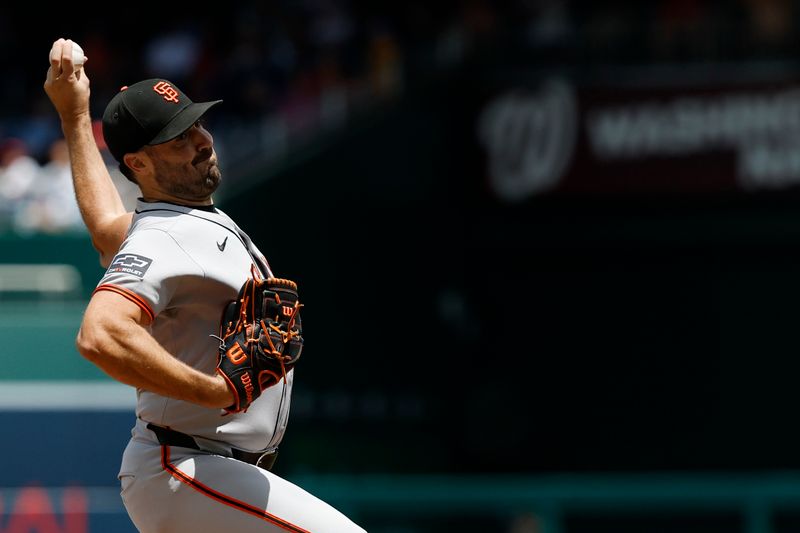 May 25, 2025; Washington, District of Columbia, USA; San Francisco Giants starting pitcher Robbie Ray (38) pitches against the Washington Nationals during the first inning at Nationals Park. Mandatory Credit: Geoff Burke-Imagn Images