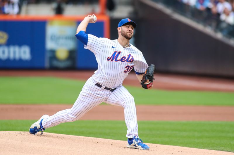 Jun 3, 2023; New York City, New York, USA;  New York Mets starting pitcher Tylor Megill (38) pitches in the first inning against the Toronto Blue Jays at Citi Field. Mandatory Credit: Wendell Cruz-USA TODAY Sports