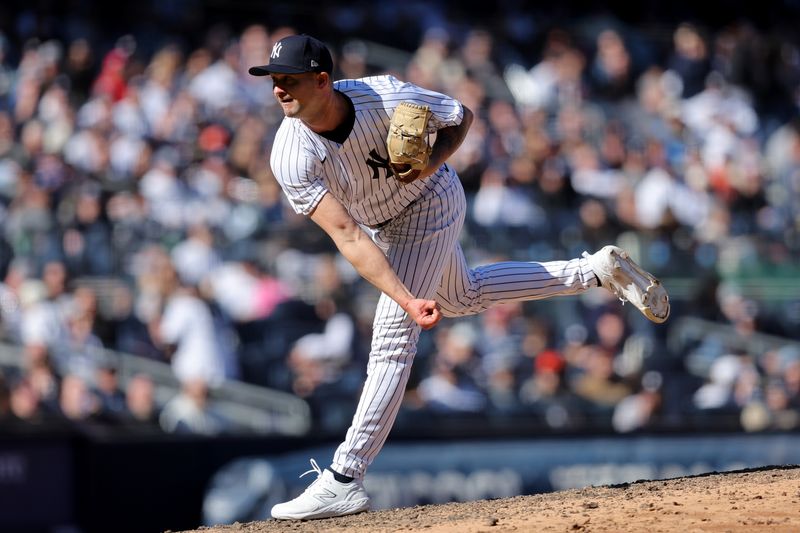 Apr 2, 2023; Bronx, New York, USA; New York Yankees relief pitcher Colten Brewer (54) pitches against the San Francisco Giants during the eighth inning at Yankee Stadium. Mandatory Credit: Brad Penner-USA TODAY Sports