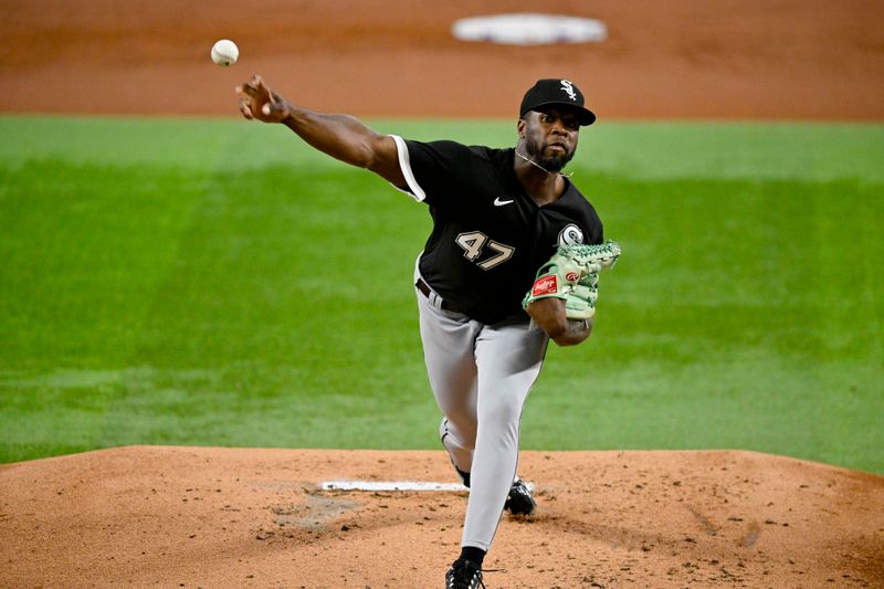 Aug 3, 2023; Arlington, Texas, USA; Chicago White Sox starting pitcher Touki Toussaint (47) pitches against the Texas Rangers during the first inning at Globe Life Field. Mandatory Credit: Jerome Miron-USA TODAY Sports