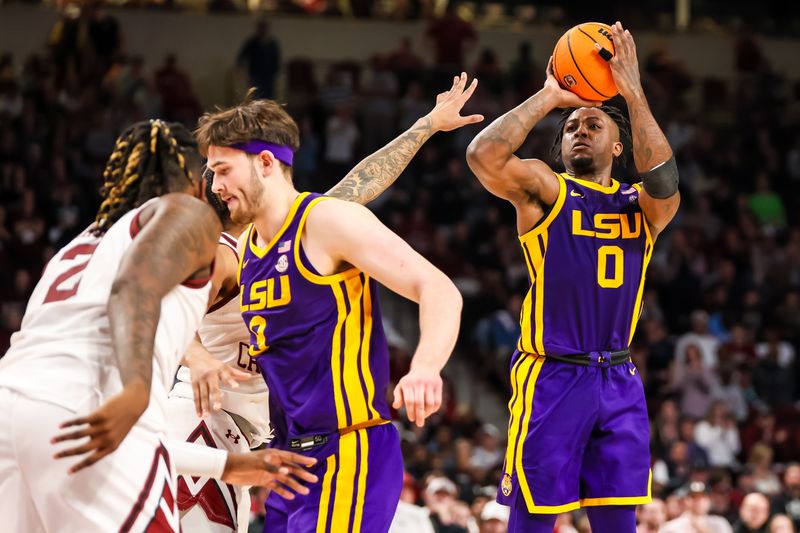 Feb 17, 2024; Columbia, South Carolina, USA; LSU Tigers guard Trae Hannibal (0) shoots against the South Carolina Gamecocks in the second half at Colonial Life Arena. Mandatory Credit: Jeff Blake-USA TODAY Sports