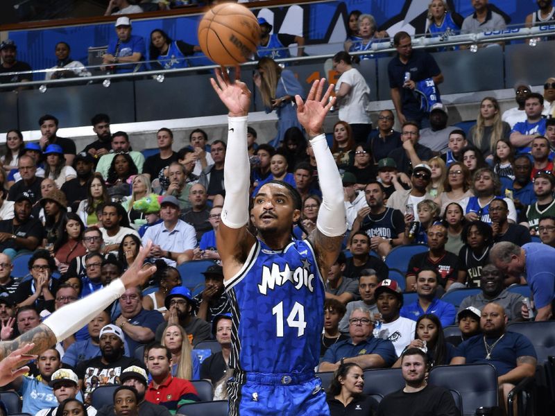 ORLANDO, FL - APRIL 14: Gary Harris #14 of the Orlando Magic shoots the ball during the game against the Milwaukee Bucks on April 14, 2024 at Kia Center in Orlando, Florida. NOTE TO USER: User expressly acknowledges and agrees that, by downloading and or using this photograph, User is consenting to the terms and conditions of the Getty Images License Agreement. Mandatory Copyright Notice: Copyright 2024 NBAE (Photo by Gary Bassing/NBAE via Getty Images)