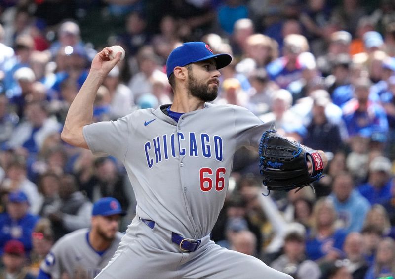 May 4, 2025; Milwaukee, Wisconsin, USA; Chicago Cubs pitcher Julian Merryweather (66) delivers a pitch against the Milwaukee Brewers in the sixth inning at American Family Field. Mandatory Credit: Michael McLoone-Imagn Images