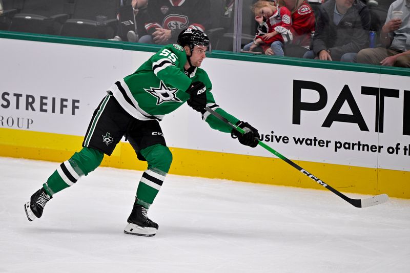 Oct 28, 2025; Dallas, Texas, USA; Dallas Stars defenseman Thomas Harley (55) passed the pack during the second period against the Washington Capitals at the American Airlines Center. Mandatory Credit: Jerome Miron-Imagn Images
