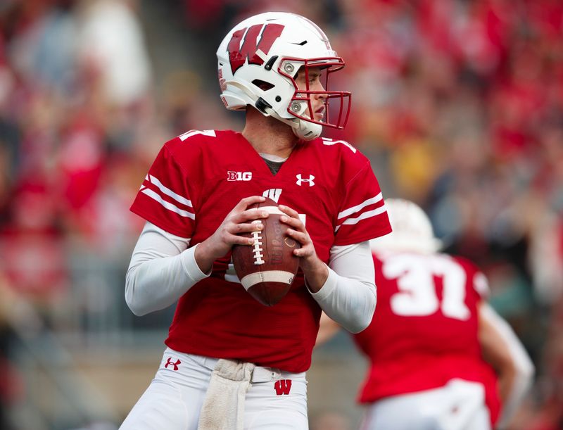 Nov 9, 2019; Madison, WI, USA; Wisconsin Badgers quarterback Jack Coan (17) drops back to pass during the first quarter against the Iowa Hawkeyes at Camp Randall Stadium. Mandatory Credit: Jeff Hanisch-USA TODAY Sports