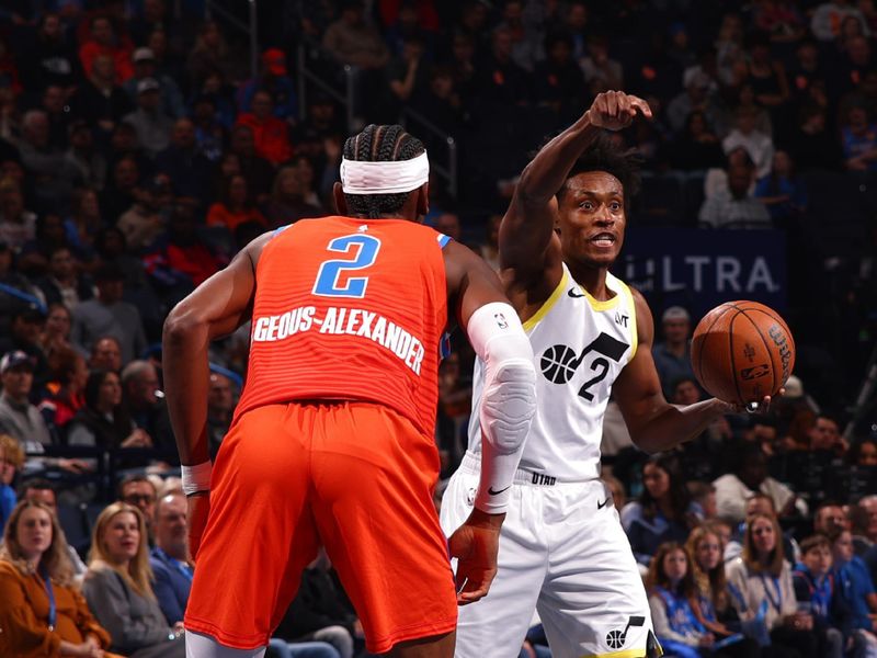 OKLAHOMA CITY, OK - DECEMBER 3: Collin Sexton #2 of the Utah Jazz handles the ball during the game against the Oklahoma City Thunder during the Emirates NBA Cup game on on December 3, 2024 at Paycom Center in Oklahoma City, Oklahoma. NOTE TO USER: User expressly acknowledges and agrees that, by downloading and or using this photograph, User is consenting to the terms and conditions of the Getty Images License Agreement. Mandatory Copyright Notice: Copyright 2024 NBAE (Photo by Zach Beeker/NBAE via Getty Images)