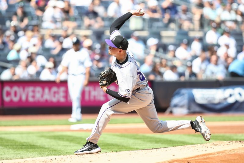Aug 24, 2024; Bronx, New York, USA;  Colorado Rockies starting pitcher Bradley Blalock (64) pitches in the first inning against the New York Yankees at Yankee Stadium. Mandatory Credit: Wendell Cruz-USA TODAY Sports