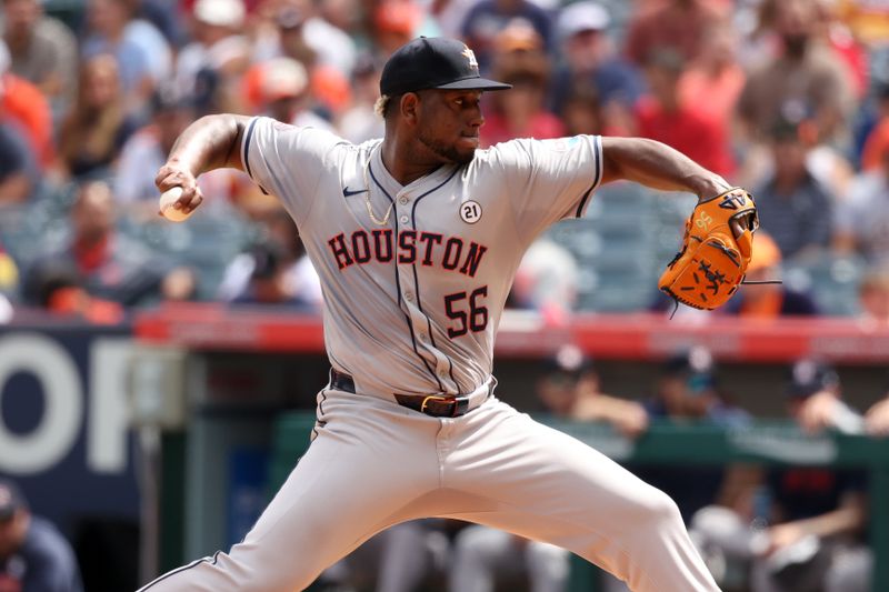 Sep 15, 2024; Anaheim, California, USA;  Houston Astros starting pitcher Ronel Blanco (56) pitches during the first inning against the Los Angeles Angels at Angel Stadium. Mandatory Credit: Kiyoshi Mio-Imagn Images