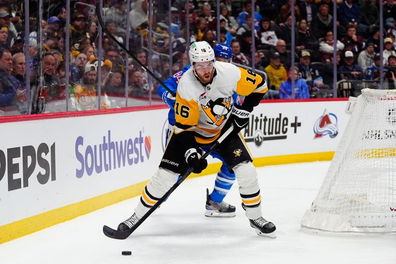 Mar 16, 2026; Denver, Colorado, USA; Pittsburgh Penguins right wing Justin Brazeau (16) controls the puck in the third period against the Colorado Avalanche at Ball Arena. Mandatory Credit: Ron Chenoy-Imagn Images