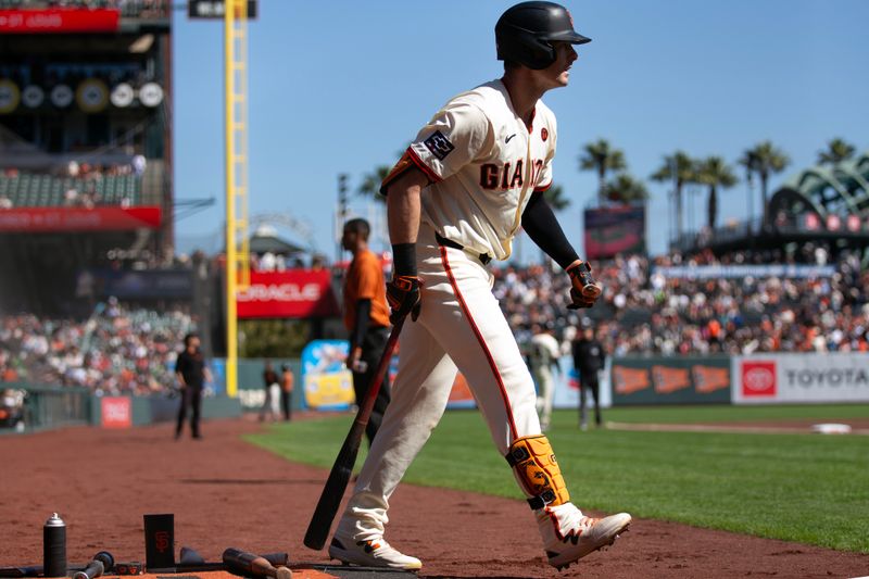 Sep 29, 2024; San Francisco, California, USA; San Francisco Giants right fielder Mike Yastrzemski (5) walks to the plate during the first inning against the St. Louis Cardinals at Oracle Park. Mandatory Credit: D. Ross Cameron-Imagn Images