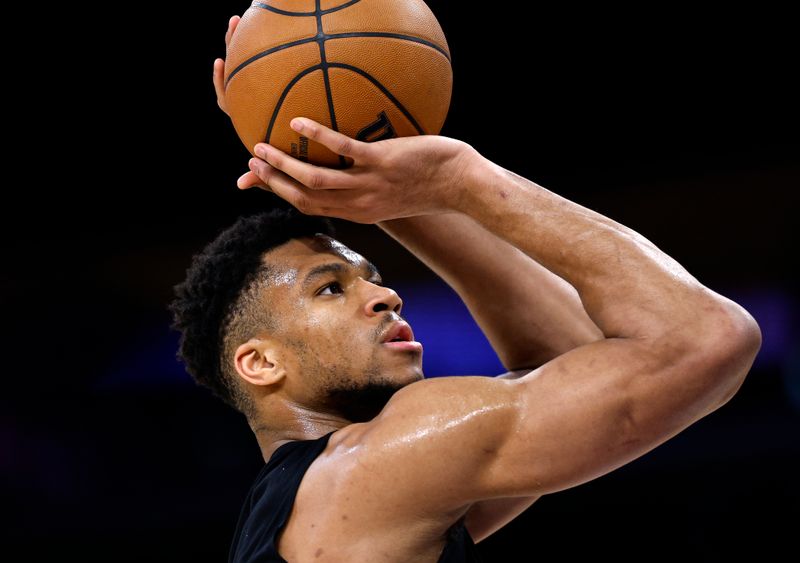 LOS ANGELES, CALIFORNIA - MARCH 8: Giannis Antetokounmpo #34 of the Milwaukee Bucks warms up before the game against Los Angeles Lakers at Crypto.com Arena on March 8, 2024 in Los Angeles, California. NOTE TO USER: User expressly acknowledges and agrees that, by downloading and or using this photograph, User is consenting to the terms and conditions of the Getty Images License Agreement. (Photo by Kevork Djansezian/Getty Images)