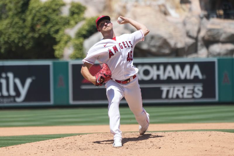 Jul 2, 2023; Anaheim, California, USA; Los Angeles Angels starting pitcher Reid Detmers (48) throws in the third inning against the Arizona Diamondbacks at Angel Stadium. Mandatory Credit: Kirby Lee-USA TODAY Sports