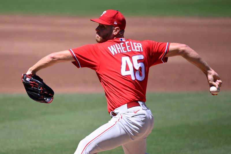 Sep 6, 2023; San Diego, California, USA; Philadelphia Phillies starting pitcher Zack Wheeler (45) throws a pitch against the San Diego Padres during the first inning at Petco Park. Mandatory Credit: Orlando Ramirez-USA TODAY Sports