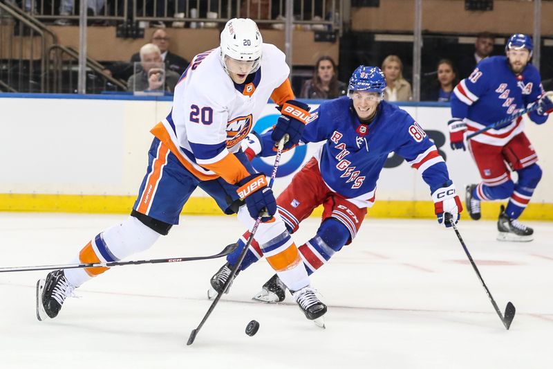 Sep 26, 2023; New York, New York, USA;  New York Rangers defenseman Mac Hollowell (81) and New York Islanders center Karson Kuhlman (20) battle for control of the puck in the second period at Madison Square Garden. Mandatory Credit: Wendell Cruz-USA TODAY Sports