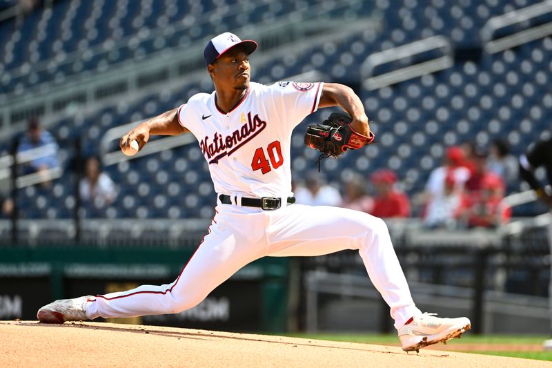 Sep 20, 2023; Washington, District of Columbia, USA; Washington Nationals starting pitcher Josiah Gray (40) throws to the Chicago White Sox during the first inning at Nationals Park. Mandatory Credit: Brad Mills-USA TODAY Sports