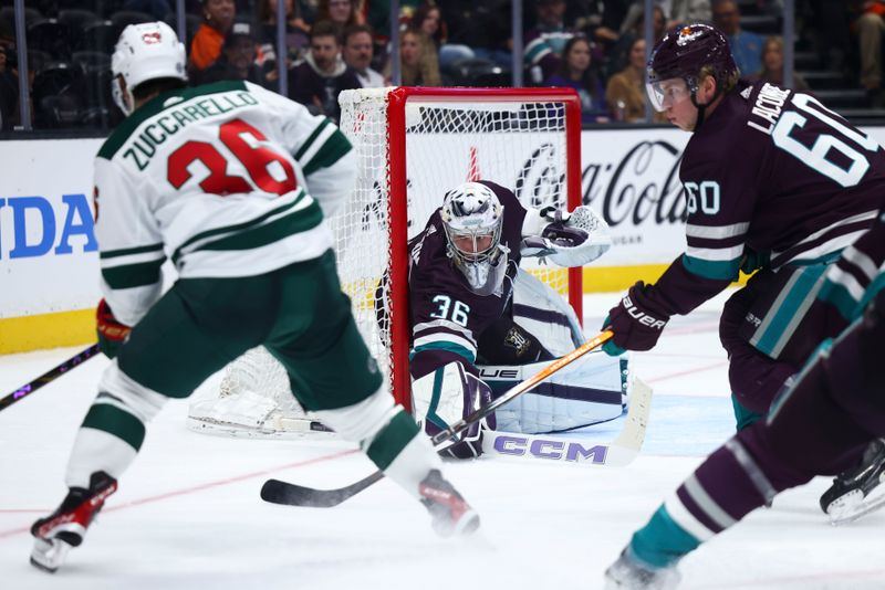 Mar 19, 2024; Anaheim, California, USA; Anaheim Ducks goaltender John Gibson (36) looks on at game play during the third period of a game against the Minnesota Wild at Honda Center. Mandatory Credit: Jessica Alcheh-USA TODAY Sports