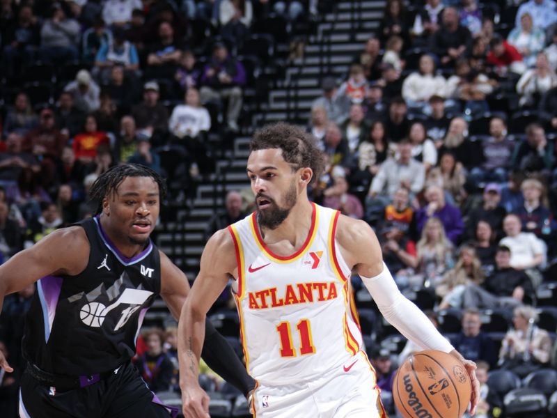 SALT LAKE CITY, UT - JANUARY 7: Trae Young #11 of the Atlanta Hawks drives to the basket during the game against the Utah Jazz on January 7, 2025 at Delta Center in Salt Lake City, Utah. NOTE TO USER: User expressly acknowledges and agrees that, by downloading and or using this Photograph, User is consenting to the terms and conditions of the Getty Images License Agreement. Mandatory Copyright Notice: Copyright 2025 NBAE (Photo by Melissa Majchrzak/NBAE via Getty Images)