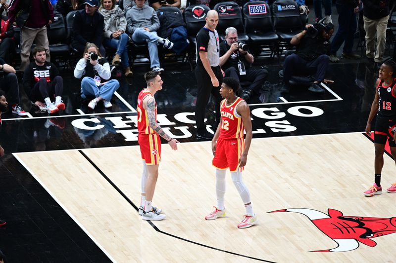 CHICAGO, IL - APRIL 1: Vit Krejci #27 of the Atlanta Hawks celebrates during the game against the Chicago Bulls on April 1, 2024 at United Center in Chicago, Illinois. NOTE TO USER: User expressly acknowledges and agrees that, by downloading and or using this photograph, User is consenting to the terms and conditions of the Getty Images License Agreement. Mandatory Copyright Notice: Copyright 2024 NBAE (Photo by Adam Hagy/NBAE via Getty Images)