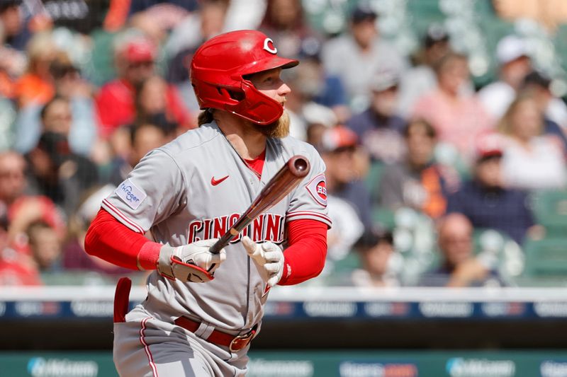 Sep 14, 2023; Detroit, Michigan, USA; Cincinnati Reds right fielder Jake Fraley (27) hits a single in the sixth inning against the Detroit Tigers at Comerica Park. Mandatory Credit: Rick Osentoski-USA TODAY Sports