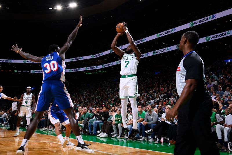 BOSTON, MA - OCTOBER 12: Jaylen Brown #7 of the Boston Celtics shoots a three point basket during the game against the Philadelphia 76ers during a NBA Preseason game on October 12, 2024 at TD Garden in Boston, Massachusetts. NOTE TO USER: User expressly acknowledges and agrees that, by downloading and/or using this Photograph, user is consenting to the terms and conditions of the Getty Images License Agreement. Mandatory Copyright Notice: Copyright 2024 NBAE (Photo by Brian Babineau/NBAE via Getty Images)