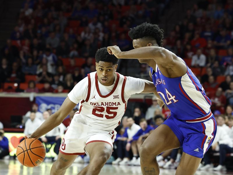 Feb 11, 2023; Norman, Oklahoma, USA; Oklahoma Sooners guard Grant Sherfield (25) drives around Kansas Jayhawks forward K.J. Adams Jr. (24) during the second half at Lloyd Noble Center. Kansas won 78-55. Mandatory Credit: Alonzo Adams-USA TODAY Sports