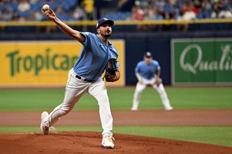 Sep 10, 2023; St. Petersburg, Florida, USA; Tampa Bay Rays pitcher Zach Eflin (24) throws a pitch in the first inning against the Seattle Mariners  at Tropicana Field. Mandatory Credit: Jonathan Dyer-USA TODAY Sports