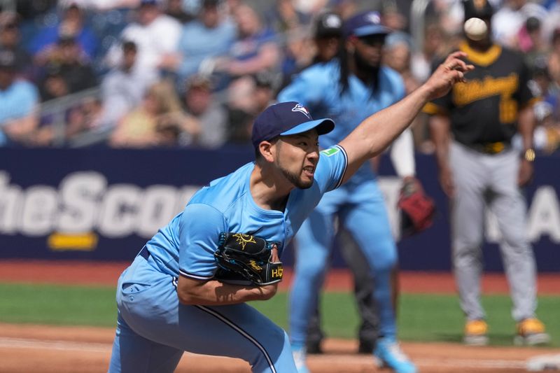 Jun 1, 2024; Toronto, Ontario, CAN;  Toronto Blue Jays starting pitcher Yusei Kikuchi (16) throws against the Pittsburgh Pirates during the second inning at Rogers Centre. Mandatory Credit: John E. Sokolowski-USA TODAY Sports