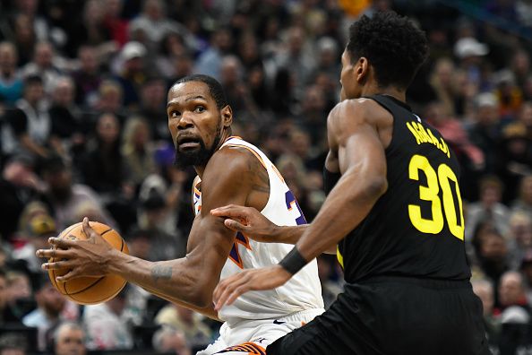 SALT LAKE CITY, UTAH - NOVEMBER 19: Kevin Durant #35 of the Phoenix Suns in action during the second half of a game against the Utah Jazz at Delta Center on November 19, 2023 in Salt Lake City, Utah. NOTE TO USER: User expressly acknowledges and agrees that, by downloading and or using this photograph, User is consenting to the terms and conditions of the Getty Images License Agreement. (Photo by Alex Goodlett/Getty Images)