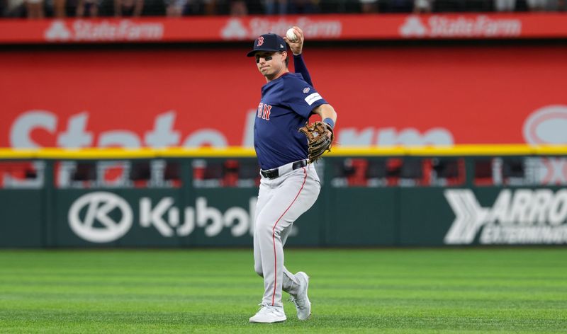 Aug 2, 2024; Arlington, Texas, USA; Boston Red Sox second baseman Nick Sogard (75) warms up before the game against the Texas Rangers at Globe Life Field. Mandatory Credit: Kevin Jairaj-USA TODAY Sports