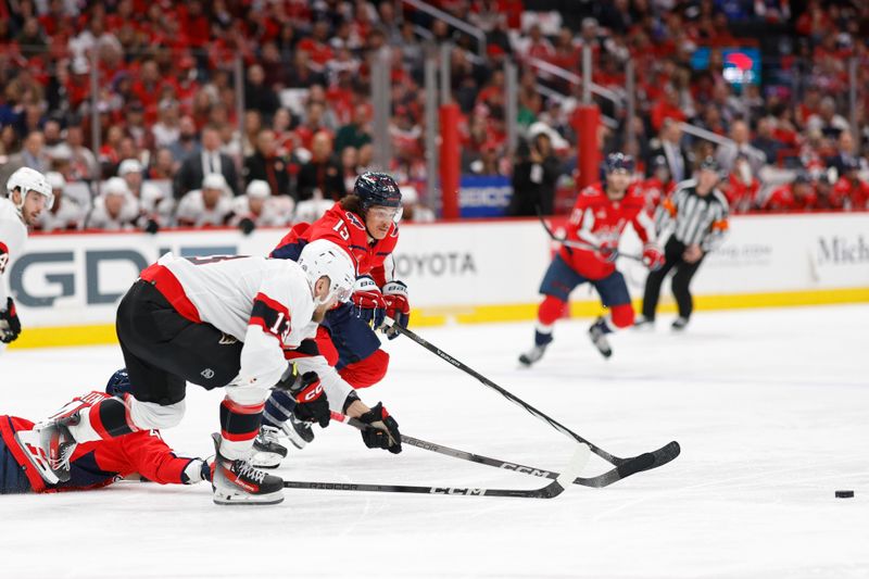 Apr 7, 2024; Washington, District of Columbia, USA; Ottawa Senators left wing Jiri Smejkal (13) and Washington Capitals left wing Sonny Milano (15) chase the puck in the third period at Capital One Arena. Mandatory Credit: Geoff Burke-USA TODAY Sports