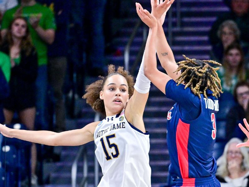 Mar 25, 2024; South Bend, Indiana, USA; Ole Miss Rebels guard Kennedy Todd-Williams (3) shoots as Notre Dame Fighting Irish forward Nat Marshall (15) defends in the second half of the NCAA Tournament second round game at the Purcell Pavilion. Mandatory Credit: Matt Cashore-USA TODAY Sports