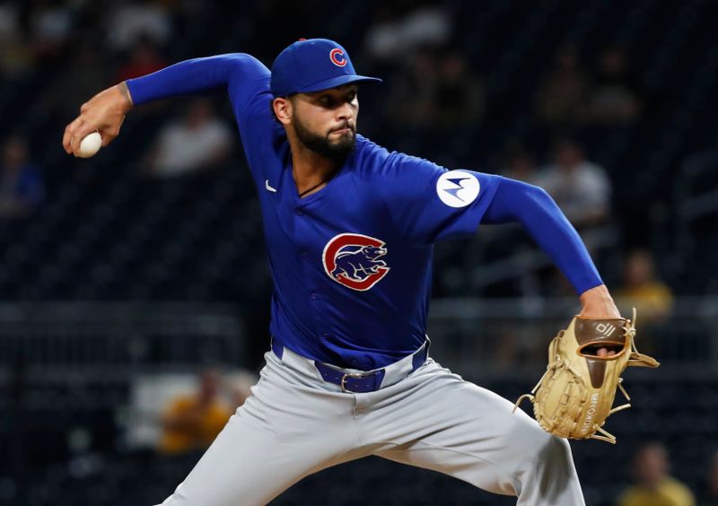 Aug 26, 2024; Pittsburgh, Pennsylvania, USA;  Chicago Cubs relief pitcher Tyson Miller (49) pitches against the Pittsburgh Pirates during the eighth inning at PNC Park. Mandatory Credit: Charles LeClaire-USA TODAY Sports