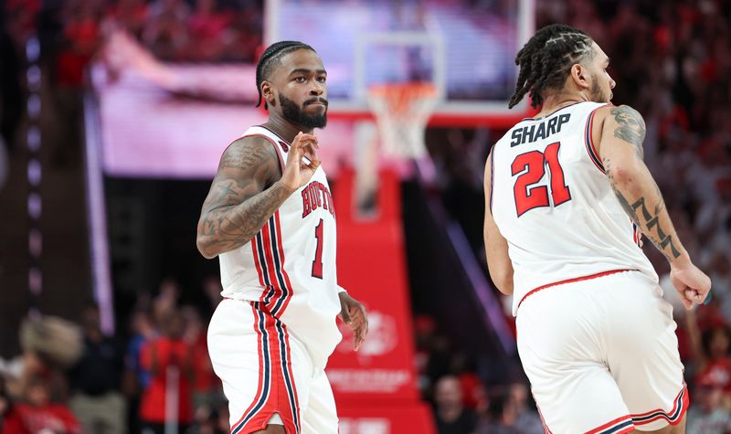 Feb 19, 2024; Houston, Texas, USA; Houston Cougars guard Jamal Shead (1) reacts after scoring a basket during the second half against the Iowa State Cyclones at Fertitta Center. Mandatory Credit: Troy Taormina-USA TODAY Sports