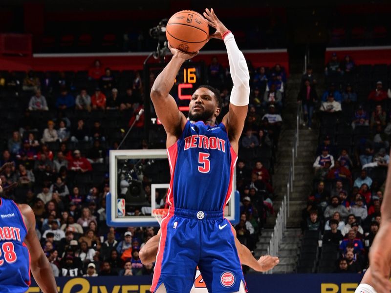 DETROIT, MI - NOVEMBER 1: Malik Beasley #5 of the Detroit Pistons shoots the ball during the game against the New York Knicks on November 1, 2024 at Little Caesars Arena in Detroit, Michigan. NOTE TO USER: User expressly acknowledges and agrees that, by downloading and/or using this photograph, User is consenting to the terms and conditions of the Getty Images License Agreement. Mandatory Copyright Notice: Copyright 2024 NBAE (Photo by Chris Schwegler/NBAE via Getty Images)