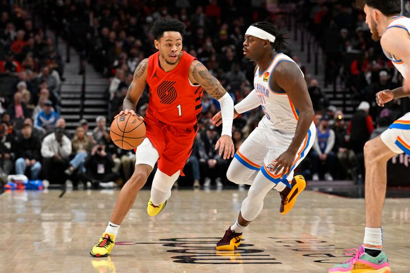 PORTLAND, OREGON - MARCH 06: Anfernee Simons #1 of the Portland Trail Blazers dribbles against Luguentz Dort #5 of the Oklahoma City Thunder during the first quarter of the game at the Moda Center on March 06, 2024 in Portland, Oregon. NOTE TO USER: User expressly acknowledges and agrees that, by downloading and or using this photograph, User is consenting to the terms and conditions of the Getty Images License Agreement. (Photo by Alika Jenner/Getty Images)