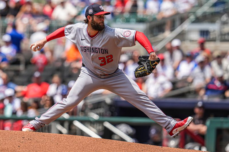 May 15, 2025; Cumberland, Georgia, USA; Washington Nationals pitcher Trevor Williams (32) pitches against the Atlanta Braves during the second inning at Truist Park. Mandatory Credit: Dale Zanine-Imagn Images