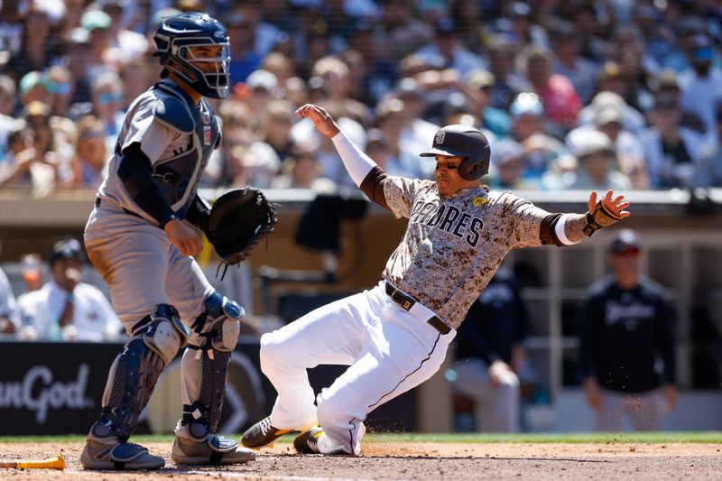 May 26, 2024; San Diego, California, USA;  San Diego Padres third baseman Manny Machado (13) scores on a fielding error by New York Yankees first baseman Anthony Rizzo (48) in the sixth inning against the New York Yankees at Petco Park. Mandatory Credit: David Frerker-USA TODAY Sports