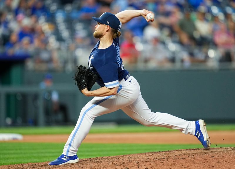 May 26, 2023; Kansas City, Missouri, USA; Kansas City Royals relief pitcher Josh Staumont (63) pitches during the sixth inning against the Washington Nationals at Kauffman Stadium. Mandatory Credit: Jay Biggerstaff-USA TODAY Sports