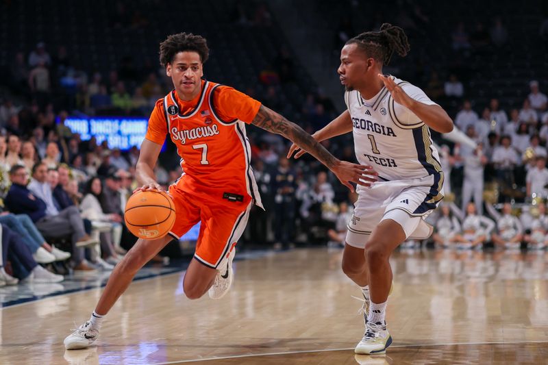 Jan 6, 2026; Atlanta, Georgia, USA; Syracuse Orange guard Kiyan Anthony (7) drives on Georgia Tech Yellow Jackets guard Lamar Washington (1) in the first half at McCamish Pavilion. Mandatory Credit: Brett Davis-Imagn Images