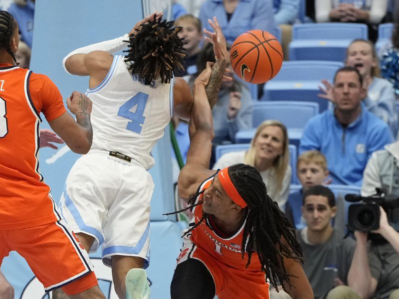 Jan 13, 2024; Chapel Hill, North Carolina, USA;  North Carolina Tar Heels guard RJ Davis (4) is fouled by Syracuse Orange forward Maliq Brown (1) in the first half at Dean E. Smith Center. Mandatory Credit: Bob Donnan-USA TODAY Sports