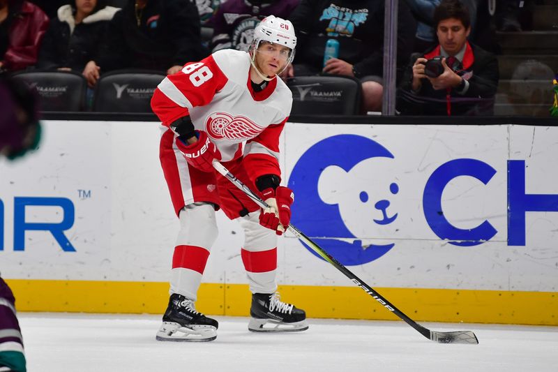 Jan 7, 2024; Anaheim, California, USA; Detroit Red Wings right wing Patrick Kane (88) moves the puck against the Anaheim Ducks during the third period at Honda Center. Mandatory Credit: Gary A. Vasquez-USA TODAY Sports