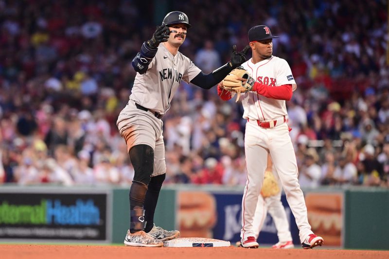 Jul 28, 2024; Boston, Massachusetts, USA; New York Yankees catcher Austin Wells (28) reacts to his double against the Boston Red Sox during the fourth inning at Fenway Park. Mandatory Credit: Eric Canha-USA TODAY Sports