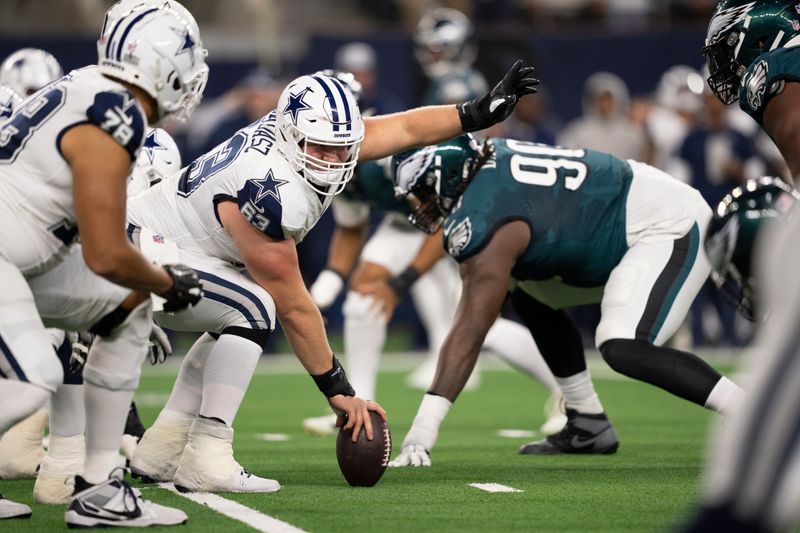 Dallas Cowboys center Tyler Biadasz (63) signals to the line during an NFL football game against the Philadelphia Eagles in Arlington, Texas, Sunday, Dec. 10, 2023. (AP Photo/Tony Gutierrez)