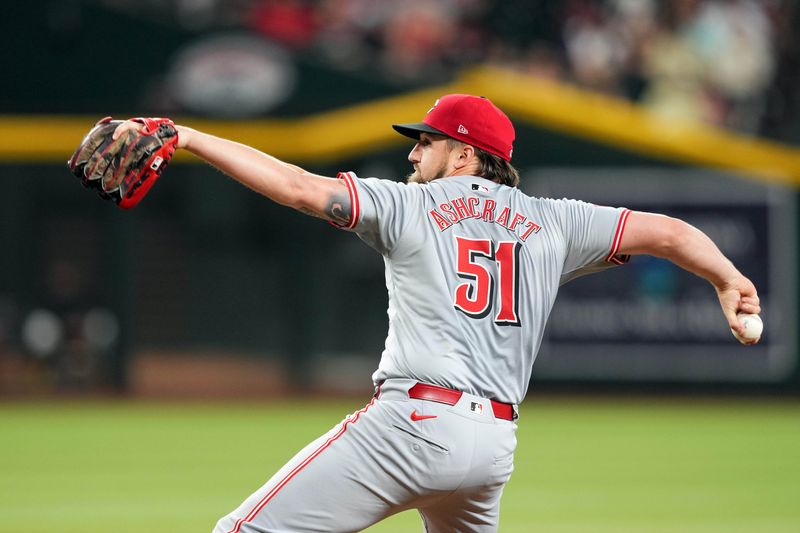 May 13, 2024; Phoenix, Arizona, USA; Cincinnati Reds pitcher Graham Ashcraft (51) pitches against the Arizona Diamondbacks during the first inning at Chase Field. Mandatory Credit: Joe Camporeale-USA TODAY Sports