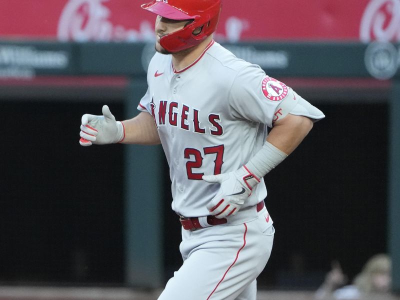 Apr 14, 2022; Arlington, Texas, USA; Los Angeles Angels center fielder Mike Trout (27) circles the bases on his solo home run against the Texas Rangers during the first inning of a baseball game at Globe Life Field. Mandatory Credit: Jim Cowsert-USA TODAY Sports